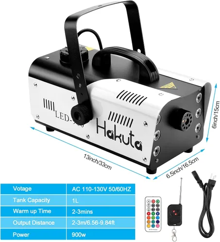 Vista 6 de HAKUTA Máquina de niebla, máquina automática de humo de 900 W con 6 luces LED y 7 variaciones de color, salida de 6000 CFM con control remoto