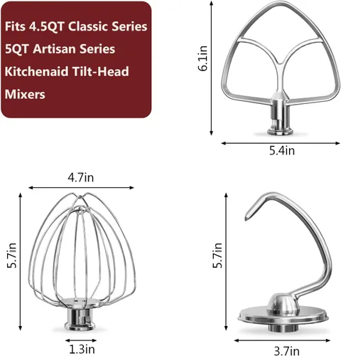 Vista 2 de Accesorios de Acero Inoxidable 3 Piezas para Batidora de Pie KitchenAid de Cabeza Inclinable de 4.5-5QT y Tazón de Mezcla, Batidor de Alambre K45WW