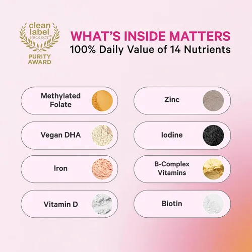 Vista 2 de Pink Stork Vitaminas prenatales totales para mujeres DHA vegano, metilfolato, hierro, colina, vitamina B12 Nutrición preconceptiva Sin eructos