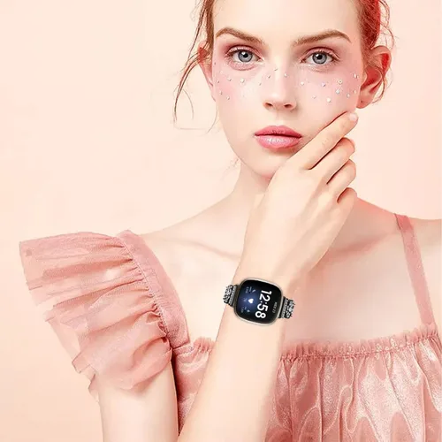 Vista 6 de Correa de muñeca diseñada para Fitbit Versa 4/Versa 3 Smartwatch Bling Bands para mujer, elegante pulsera de acero inoxidable de metal con diamantes