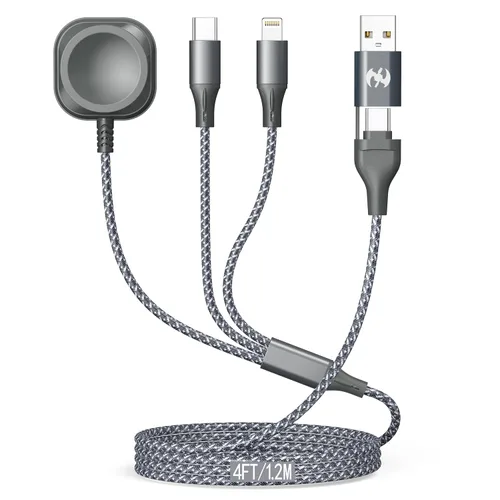 Vista 14 de Doub Tyep-C 4 en 1 cable de carga múltiple de 4 pies, cable de carga de nailon trenzado Lightning para iPhone, cable de carga universal con tipo C