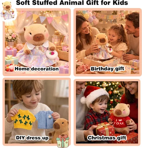 Vista 3 de Capybara - Juguete de peluche con 7 piezas de ropa y accesorios, lindo animal de peluche Capybara con trajes (marrón)