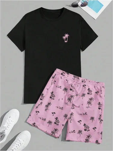 Vista 33 de GORGLITTER Conjunto de 2 piezas de camiseta gráfica de manga corta para hombre, estampado hawaiano con cordón y pantalones cortos