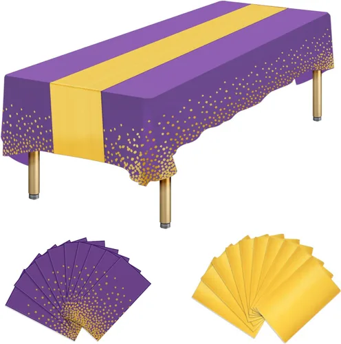 Vista 22 de Paquete de 10 manteles rectangulares de plástico y camino de mesa de satén, mantel desechable negro rectangular y dorado para cumpleaños
