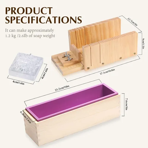 Vista 2 de Kit de fabricación de jabón, molde de silicona para pan de 42 onzas, caja de corte de jabón de madera ajustable multifunción con cortador ondulado