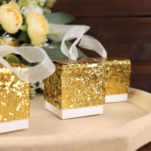 Vista 2 de Tableclothsfactory Paquete de 25 cajas de regalo con lentejuelas doradas de 2 pulgadas con lazo de cinta blanca, cajas de recuerdo de fiesta, cajas