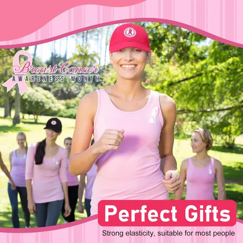 Vista 2 de 24 sombreros de concientización sobre el cáncer de mama, gorras de béisbol de cinta rosa a granel, gorra de béisbol ajustable, sombrero de algodón