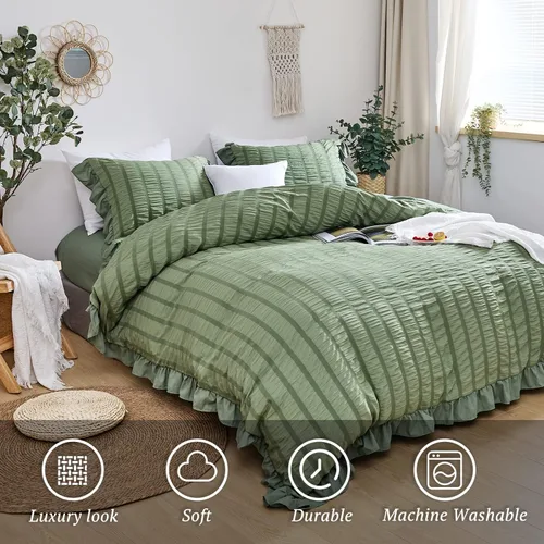 Vista 2 de MILDLY Funda de edredón con volantes tamaño King – Juego de ropa de cama de sirsaca con volantes bohemios y elegantes de 3 piezas, 100% microfibra