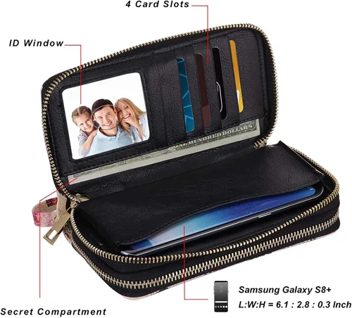 Vista 5 de HAWEE - Cartera para teléfono celular, con dos cierres y correa larga extraíble para la muñeca, para mujer
