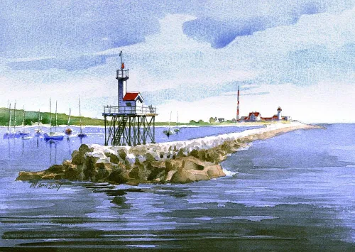Vista 2 de Dog Bar Breakwater Lighthouse & Eastern Point. Gloucester, Cape Ann, Massachusetts. Impresiones artísticas de acuarela mate (8 x 10)