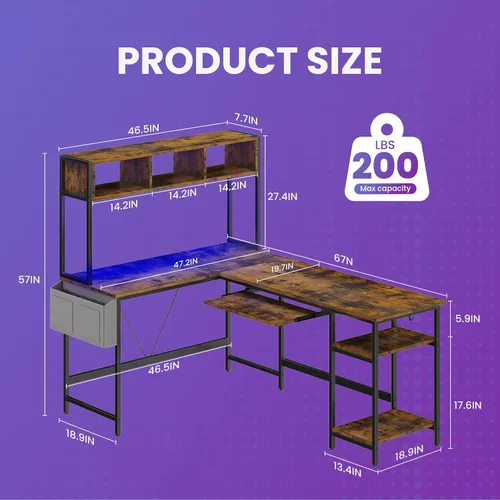 Vista 3 de DUMOS Escritorio para juegos en forma de L de 67 pulgadas, escritorio reversible para computadora con luces LED, mesa esquinera con bandeja