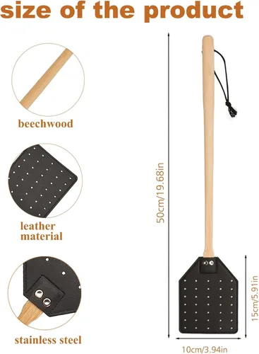 Vista 2 de Matamoscas de cuero resistente, matamoscas de mango largo con mango de madera de haya de 19.7 pulgadas de largo, matamoscas para interiores y Negro