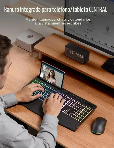 Vista 7 de Trueque Combo de teclado y mouse inalámbricos, teclado retroiluminado recargable de 4000 mAh con reposamuñecas y soporte para teléfono, escritura