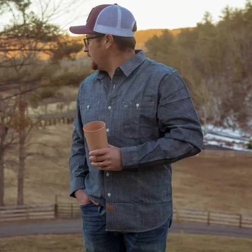Vista 4 de Dubinik® Chambray - Camisa de trabajo de algodón de manga larga para hombre, con 2 bolsillos, casual, con botones