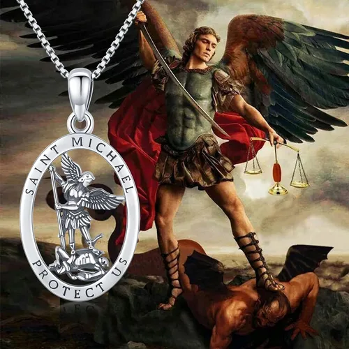 Vista 2 de Brisskaari Collar ovalado de San MiguelSan Cristóbal para mujeres y hombres plata de ley 925 collar con colgante de amuleto de San Patricio arcángel