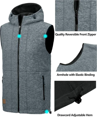 Vista 5 de Little Donkey Andy Chaleco de forro polar reversible para hombre, ligero, cálido, sin mangas, con capucha, para senderismo, caminar, viajar