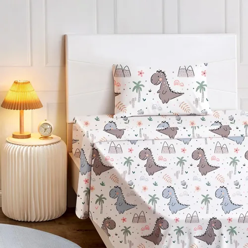 Vista 2 de BYSURE Juego de sábanas para cama individual para niños (Dinosaurio, gris), 3 piezas de sábanas de bolsillo profundo de ajuste fácil, ropa de cama