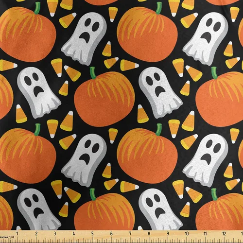 Vista 24 de Ambesonne The Yard, tela de calavera colorida con temática de Halloween, diseño de calavera y huesos cruzados, divertido estampado de dibujos
