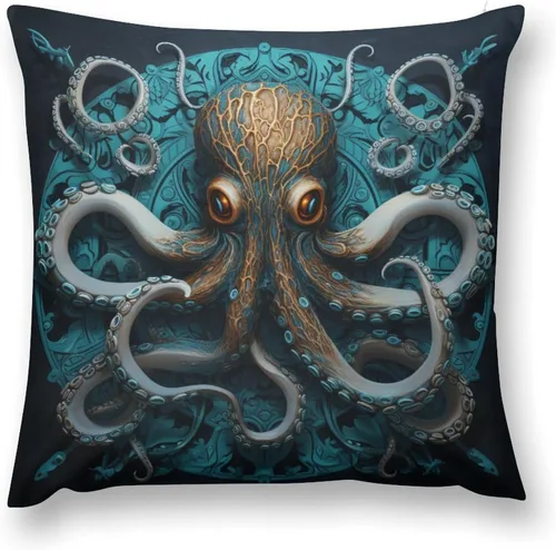 Vista 2 de Cojines Decorativos para Sala - Fundas de cojín cuadradas suaves de pulpo, 20 x 20 pulgadas, náutico, costero, playa, casa, vida marina, decoración