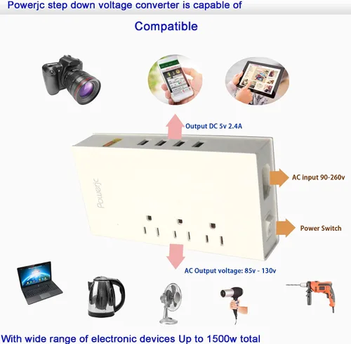 Vista 4 de Convertidor de voltaje de viaje Adaptador de corriente reductor de 220 V a 110 V Potencia nominal 1500 con 4 puertos de carga USB inteligentes ETL