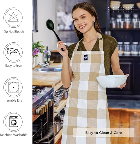 Vista 5 de Encasa XO Delantales de cocina de algodón para mujeres y hombres con bolsillo y bucle para toalla, correa ajustable para cuello y espalda