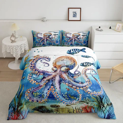 Vista 18 de Erosebridal Juego de edredón de ballena náutica, tamaño individual, juego de ropa de cama vintage azul con ondas oceánicas para niños y niñas