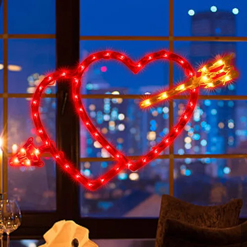 Vista 9 de Decoración de silueta de ventana de corazón rojo iluminado 50L para el día de San Valentín, corazón de luces de San Valentín Corazón rojo de 50 LED