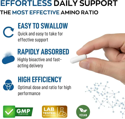 Vista 6 de Suplemento de aminoácidos esenciales para hombres y mujeres – Fórmula de los 9 suplementos BCAAs EAA – Aminoácido de leucina, lisina, triptófano