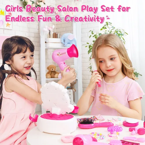 Vista 6 de VGOFUN Juguetes de peluquería para niñas, 27 piezas, juego de salón de belleza para niños, mini tocador con espejo y luz, secador de pelo
