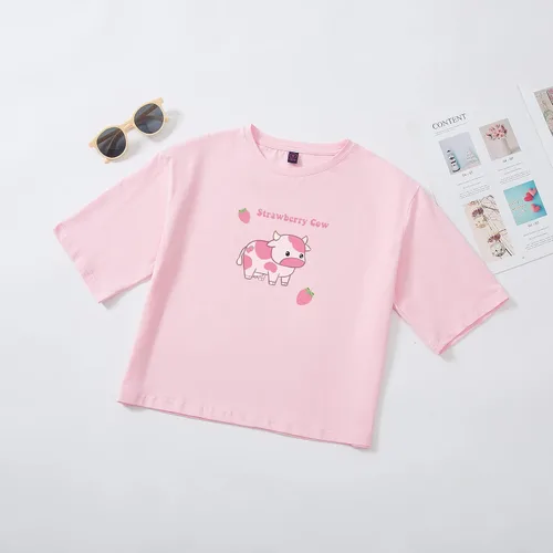 Vista 2 de KEEVICI Conjunto de pijama de algodón de 2 piezas con estampado kawaii de vaca de fresa y manga corta para mujer