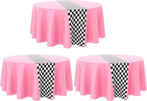 Vista 14 de Oudain 3 piezas de suministros para fiesta de cumpleaños de autos, decoraciones para fiestas de carreras, mantel redondo de carreras con bandera a