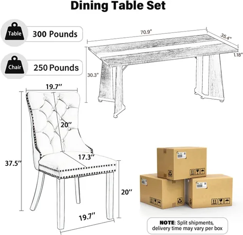 Vista 2 de Juego de mesa de comedor de 5 piezas con 4 sillas, mesa de comedor rectangular de madera de 71 pulgadas con sillas de comedor de terciopelo, tablero