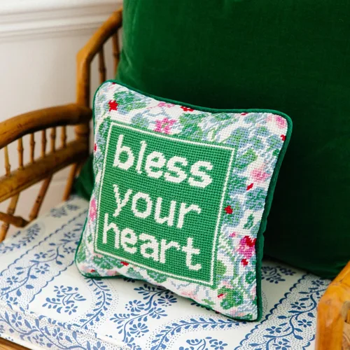Vista 4 de FURBISH Needlepoint - Almohada decorativa – Bless Your Heart – 10 x 10 pulgadas – Pequeña almohada bordada para cama, silla, sofá, decoración
