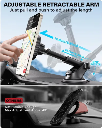 Vista 5 de APPS2Car Soporte magnético para teléfono MagSafe para iPhone, soporte magnético para salpicadero de parabrisas con brazo telescópico y ventosa