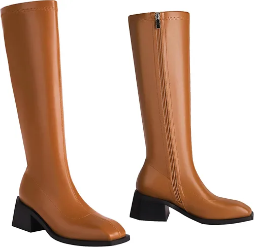 Vista 6 de vivianly Botas altas hasta la rodilla para mujer, tacón grueso, punta cuadrada, con cremallera, botas largas