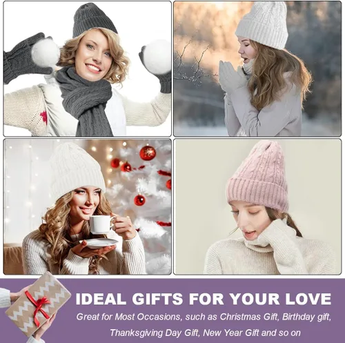 Vista 6 de The Fellie Conjunto de guantes de bufanda de invierno para mujer, gorros de punto, bufanda cálida, guantes térmicos 3 en 1