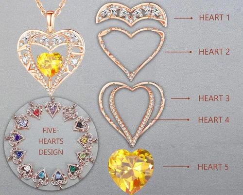 Vista 41 de Collar de cristal de 5 corazones, chapado en oro rosa de 18 quilates, colgante con cadena de plata de ley 925 de 18 + 2 pulgadas, joyería de piedra