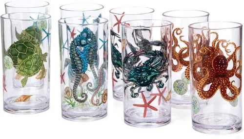Vista 6 de KX-WARE Sea Ocean Life Vaso de plástico de 20 onzas, juego de vasos de vidrio para bebidas mixtas, juego de 4 multicolor