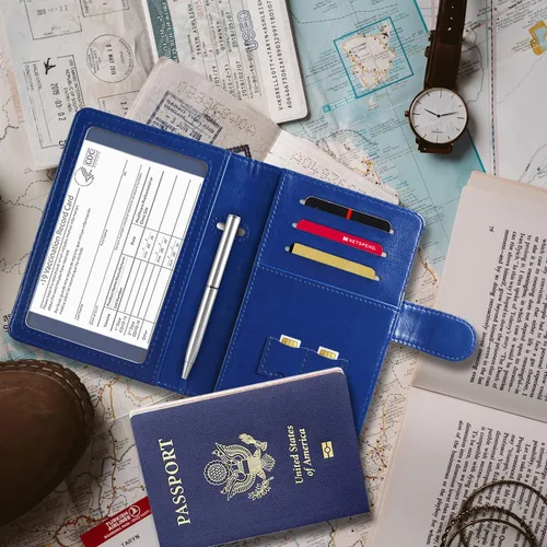 Vista 5 de RSAquar Combo de portatarjetas de pasaporte y vacunación, funda para pasaporte, funda de cuero para tarjetas, accesorios de viaje con bloqueo RFID
