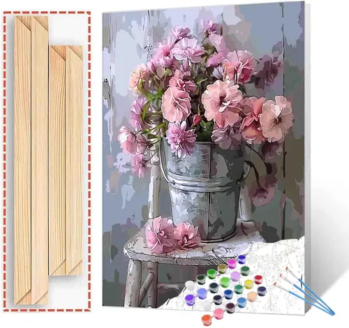 Vista 13 de Pintura de bricolaje por números Flores rosadas - Kit de pintura para adultos estilo vintage sobre lienzo