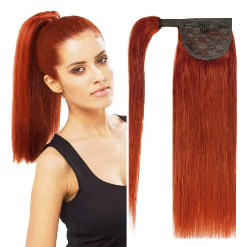 Vista 10 de Extensión de cola de caballo de cabello humano #4 marrón chocolate 100% Remy, extensión de cola de caballo recta envolvente alrededor de colas