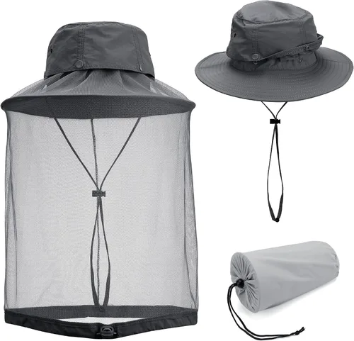 Vista 8 de Yoption Head Net Hat, Sun Hat Bucket Hat with Hidden Net Mesh for Men Women Outdoors Beekeeping Fishing Hiking Verde Armada (ArmyGreen)