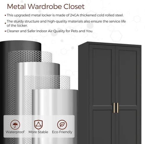 Vista 8 de Armario de metal con 2 puertas, armario de 71 pulgadas de alto con puertas, barra para colgar, cajones y estantes ajustables, armarios