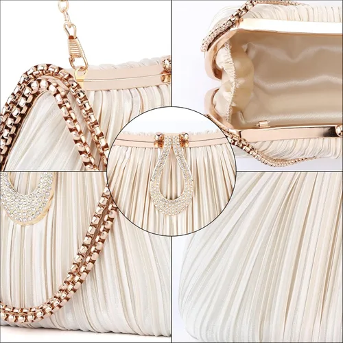 Vista 8 de FALETO Bolso de mano para mujer, de satén, plisado, de noche, bolso de mano de boda, con cadena, para baile de graduación, cóctel, fiesta