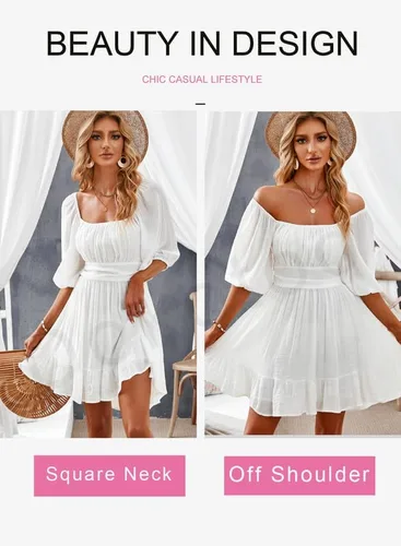 Vista 4 de Dokotoo Vestidos de verano para mujer, cuello cuadrado, lazo en la espalda, manga farol, volantes, vestido casual acampanado