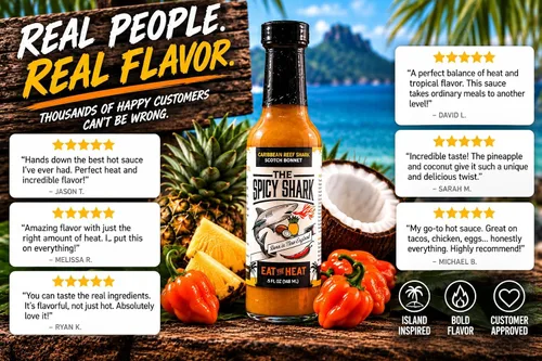 Vista 2 de The Spicy Shark Caribbean Reef Shark Scotch Bonnet Pepper Island Hot Sauce Botella de 5 onzas – Marca presentada en Hot Ones