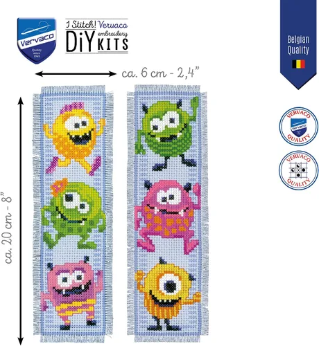 Vista 2 de Vervaco Kit de marcapáginas de punto de cruz Little Monsters (juego de 2) 2.4 x 8 pulgadas