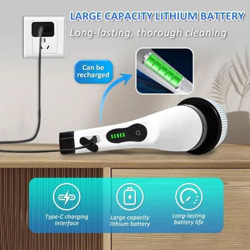 Vista 3 de Limpiador eléctrico giratorio de ducha, cepillo de limpieza con mango largo, cepillo de limpieza eléctrico con 9 cabezales reemplazables, para baño