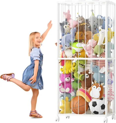 Vista 8 de Fixwal Tubo de metal para almacenamiento de animales de peluche, extra grande, organizador de juguetes para niños, con banda elástica y red