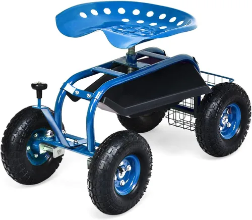 Vista 10 de Goplus Carrito de jardín rodante con asiento, taburete de jardín al aire libre con ruedas, bandeja de herramientas y cesta, mango de dirección